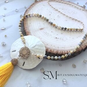 Sunflower necklace with a sunflower pendant & metal sunflower. Jade necklace tha